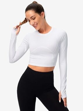 Cropped Long-Sleeve Performance Top — White